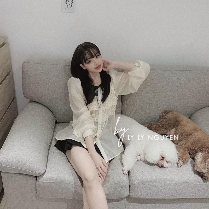 Sét Áo Tiểu Thư Tay Dài Bèo Cổ Nơ Phối Chân Váy Xòe Tầng Cao Cấp