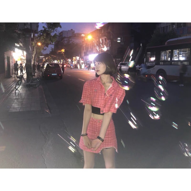 Set áo+ chân váy bò màu hồng cho nàng cá tính, năng động ulzzang