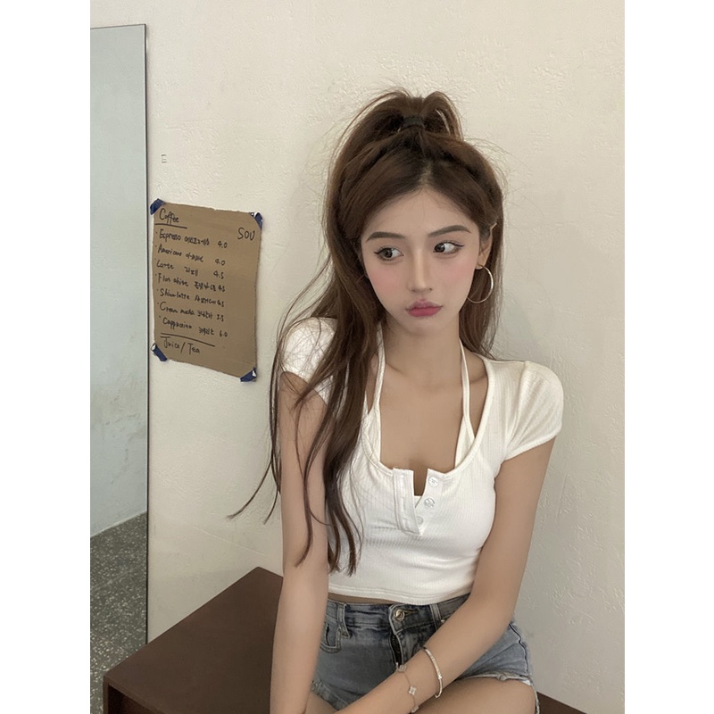 Happy-store ❤️ Áo croptop nữ kiểu hàn quốc cổ yếm 2 lớp HappyStore, áo phông crt ôm body cài khuy cotton 100% màu đen tr