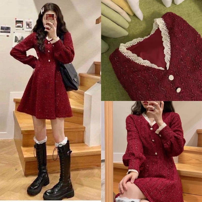 [Ảnh thật/Video] Đầm Dệt Kim Tay Phồng Cổ Chữ V Xinh Xắn Thanh Lịch Đầm Dài Dáng Chữ A Màu Đỏ Phong Cách Hàn Quốc Cho Nữ