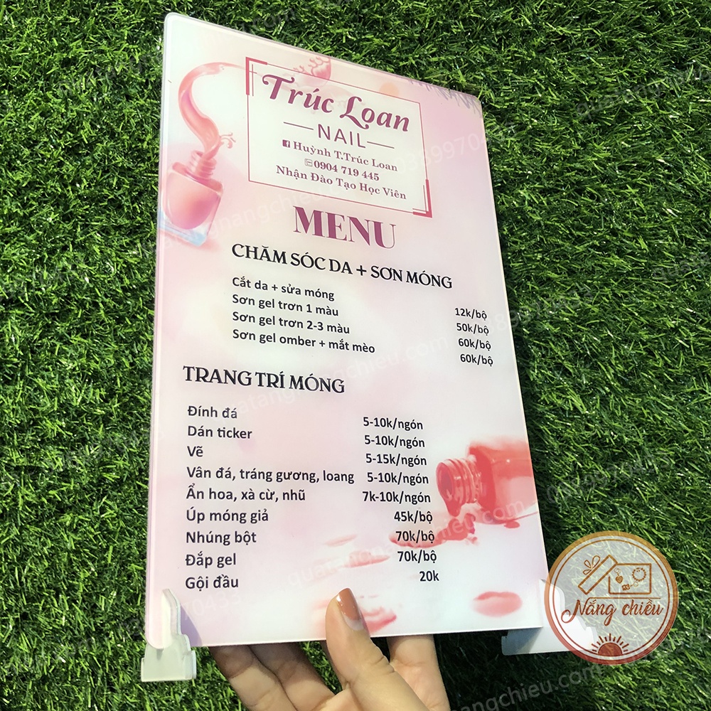 Menu cho tiệm nail, Bảng giá cho thẩm mỹ viện, nail, mi , móng, quán cắt tóc, chất liệu mica sáng bóng