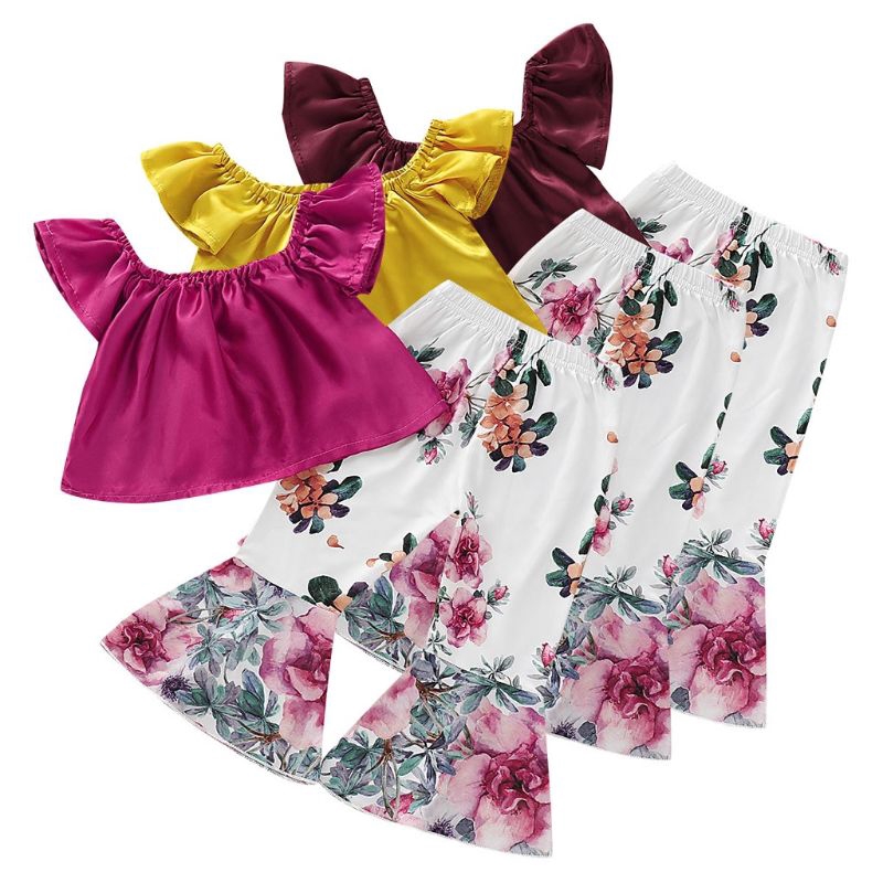 Mary☆ewborn Baby Girls Summer Off Shoulder Tops + Flared Floral Pants Outfits Set