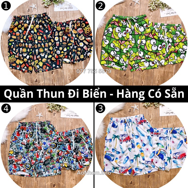 Quần Thun đi biển - Bánh nhỏ, Fastfood, Hamburger, Pizza, Ếch xanh Keroppi, Ma dâu, Xe Bus, Cây Dừa, Baby Shark, Doremon