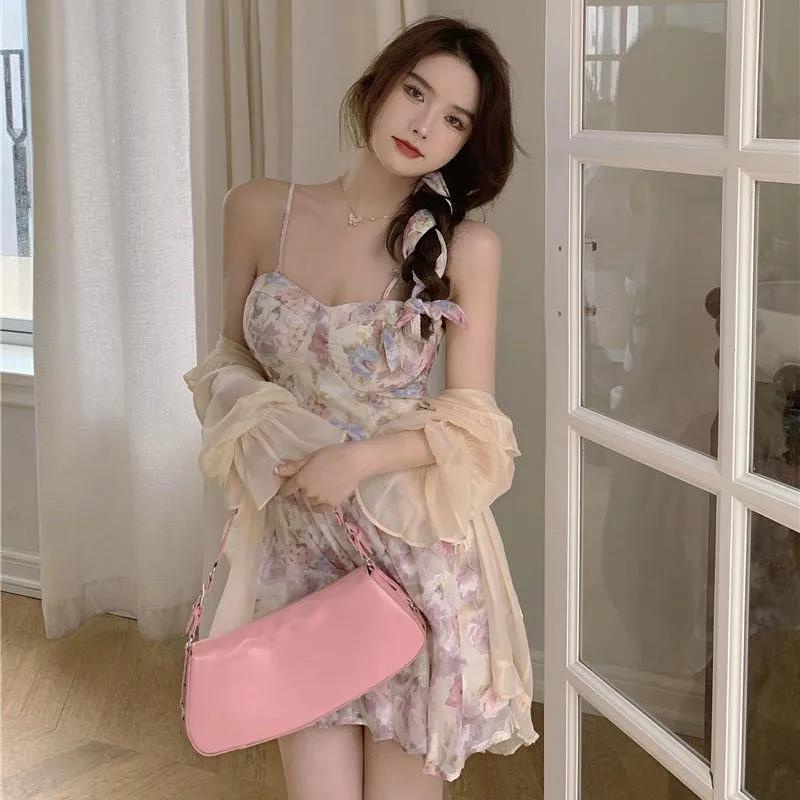 Bộ áo khoác cardigan + đầm hai dây họa tiết hoa thời trang mùa hè 2022 cho nữ (có bán lẻ)