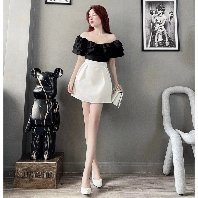 Set váy áo trễ vai TABISHOP Set đồ nữ đen trắng sành điệu đi chơi đi tiệc