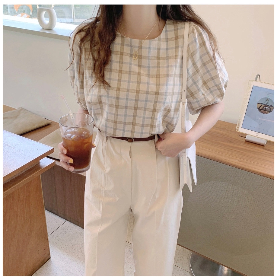 Áo kiểu tay phồng cổ tròn họa tiết sọc ca rô phong cách Hàn Quốc thời trang