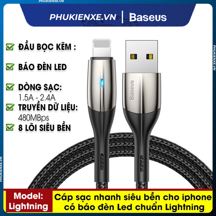 Cáp sạc siêu bền Baseus Chỉ Số 8 Pin Cáp hỗ trợ Sạc Nhanh có đèn LED cho IOS 13 12 loại 1m và 2m