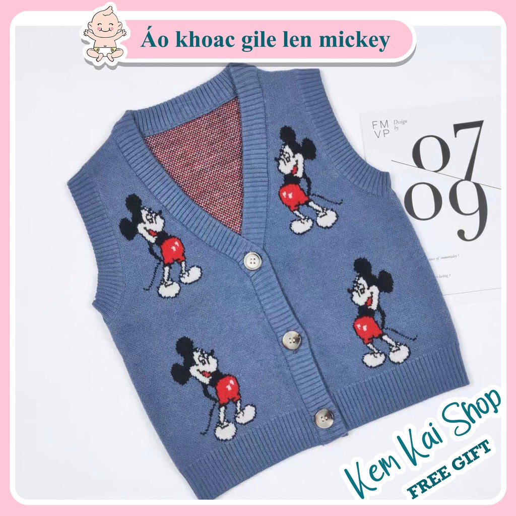 Áo khoác len gile, áo khoác không tay len cho bé in hình Mickey
