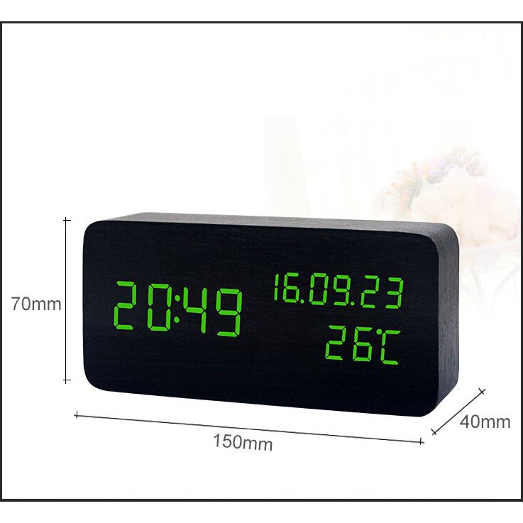 Đồng hồ đèn LED giả gỗ MONSKY BEKON hình chữ nhật tiện dụng đo thời gian, ngày tháng, nhiệt độ phòng.