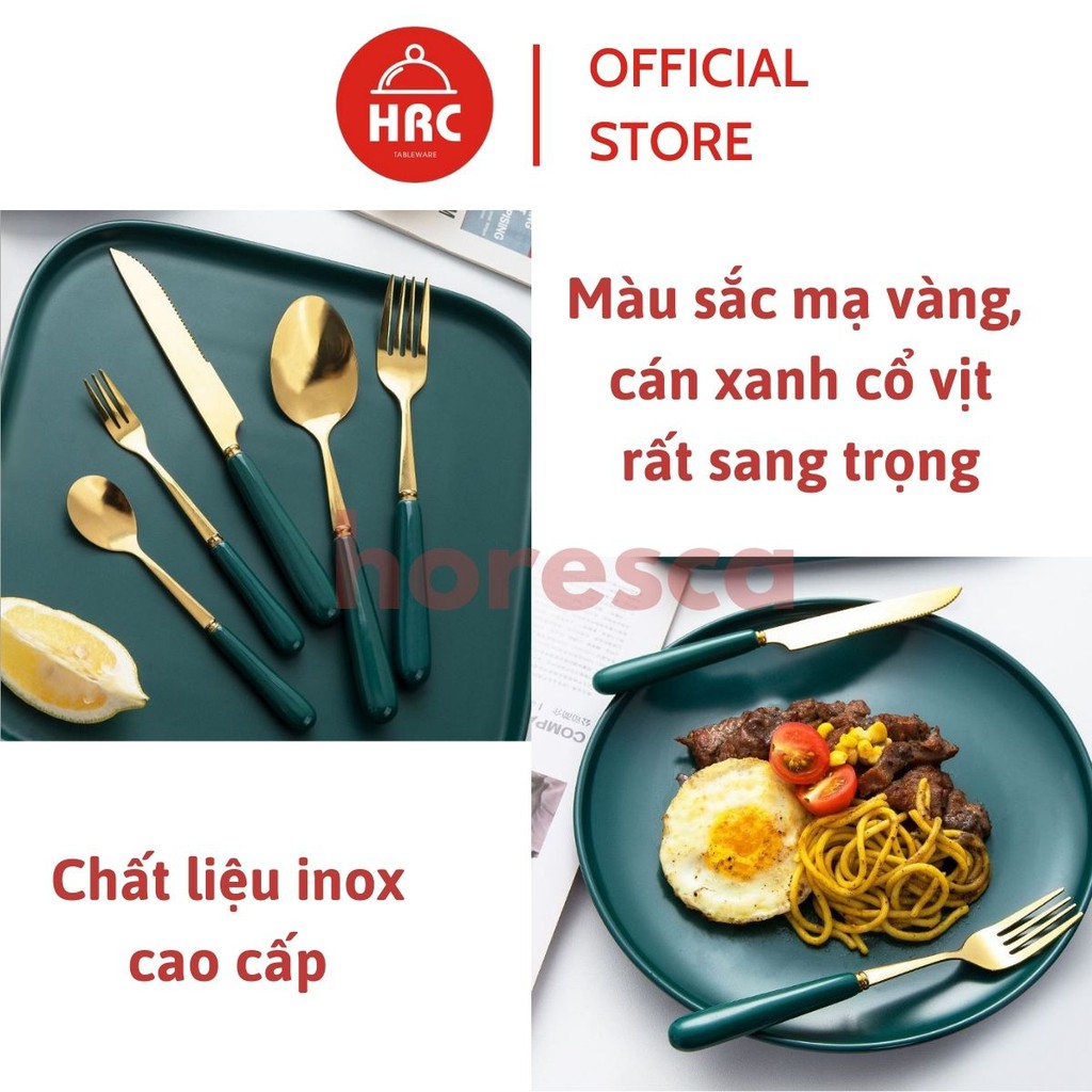 Đũa Thìa Dĩa inox mạ vàng cán sứ xanh cổ vịt cao cấp giá rẻ