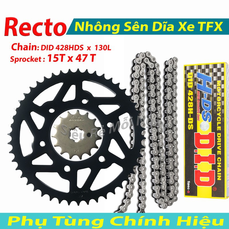 Nhông Sên Dĩa 15T và 47T Recto xe Yamaha TFX, Exciter 150, Sên DID Đen Thái Lan