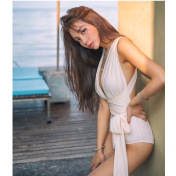 Bikini đồ bơi liền thân hở lưng vạt dài buộc eo thon gọn mặc nhiều kiểu KONKUN MS103
