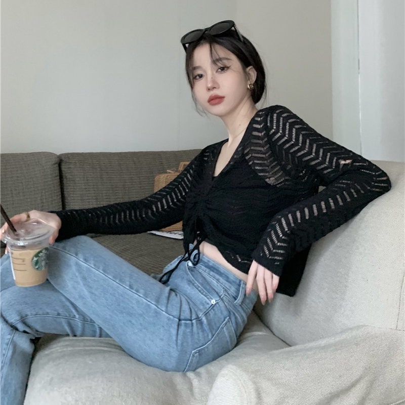 SUXI Áo Dệt Kim Tay Dài Cổ Chữ V Phối Dây Rút Màu Sắc Trơn Phong Cách Hàn Quốc Dành Cho Nữ