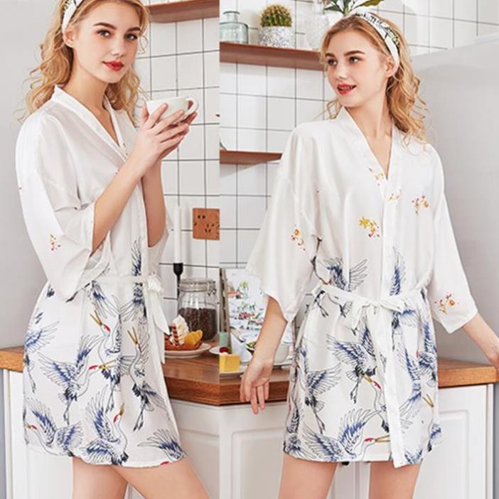 Áo choàng ngủ lụa cao cấp kiểu kimono in hình chim hạt sang trọng Thư Thư [HÀNG CAO CẤP] ! | BigBuy360 - bigbuy360.vn