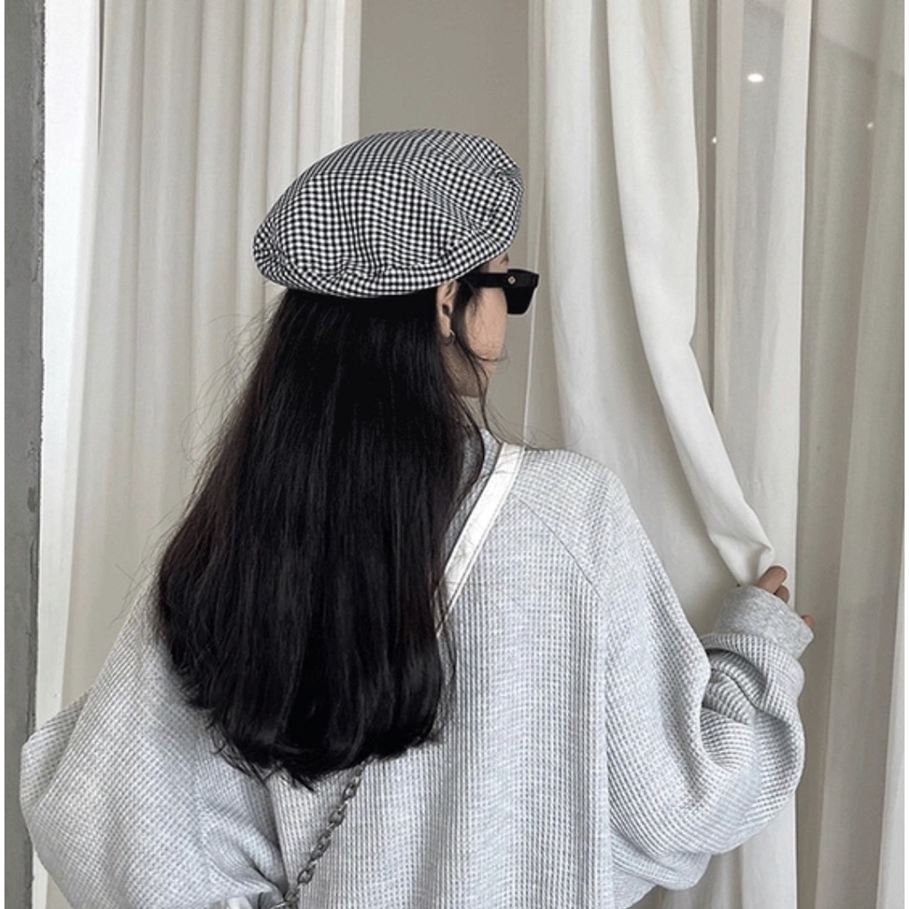 Mũ Beret kẻ phong cách Retro Nhật Bản thời trang xuân hè cho nữ