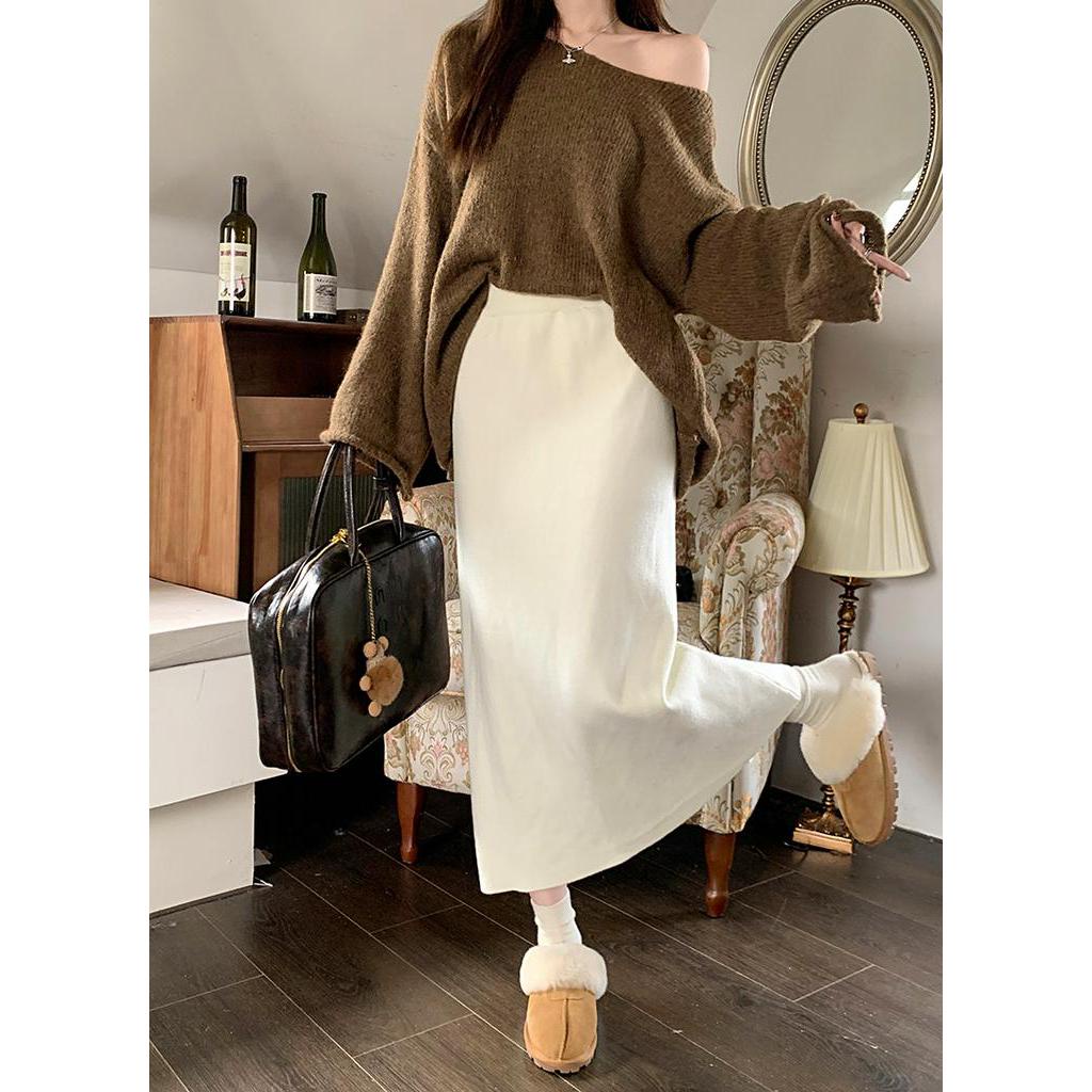 Chân Váy Len Dài Trung Bình Màu Nâu Phong Cách retro Thời Trang Thu Đông Kiểu Mới 68420