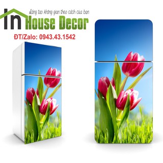 Decal dán tủ lạnh 🍀 FREE SHIP 🍀 GIẢM 10K KHI NHẬP [GIẤY DÁN TƯỜNG] - Tranh trang trí tủ lạnh 3d Tuylip xanh