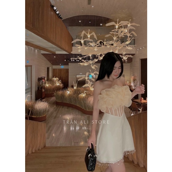 Đầm chữ A tafta body nhún ngực phối sọc eo viền tua rua Đen hồng trắng kem Đi chơi dạo phố dự tiệc sang trọng hotgirl tk