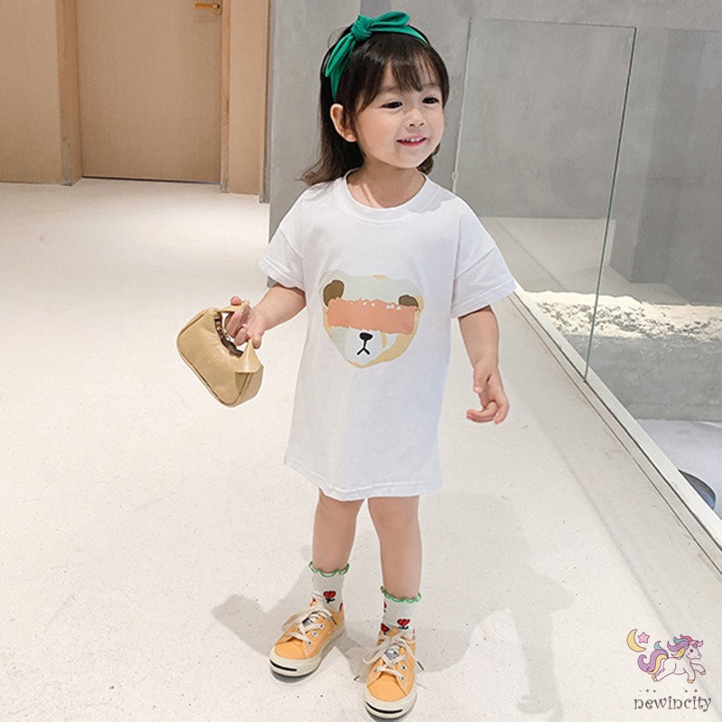Đầm thun tay ngắn in họa tiết hoạt hình phong cách Hàn Quốc cho bé gái