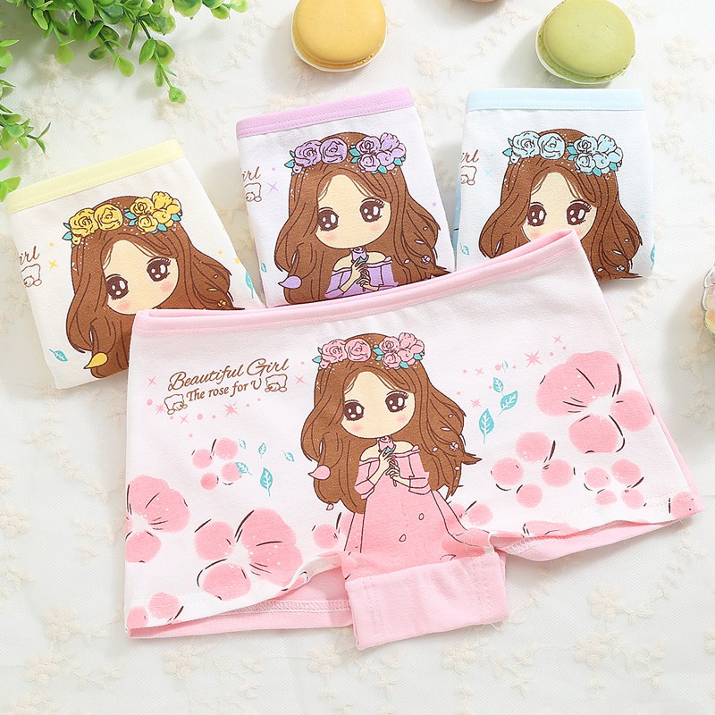 Combo 4 Quần chip đùi, quần lót cotton họa tiết búp bê đáng yêu cho bé gái,  4 màu, SIZE 4-6 tuổi
