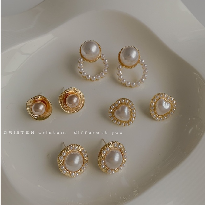 MOCHASHUĐôi khuyên tai MOCHASHU dạng xỏ đính hạt ngọc trai nhân tạo phong cách vintage thanh lịch thời trang Pháp