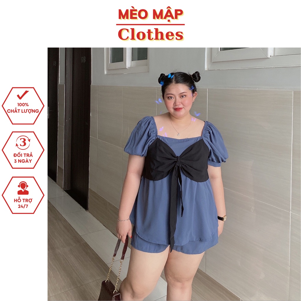 Set bộ 2 món bigsize áo tiểu thư cột nơ tay phồng kèm quần đùi ống rộng siêu xinh thời trang nữ