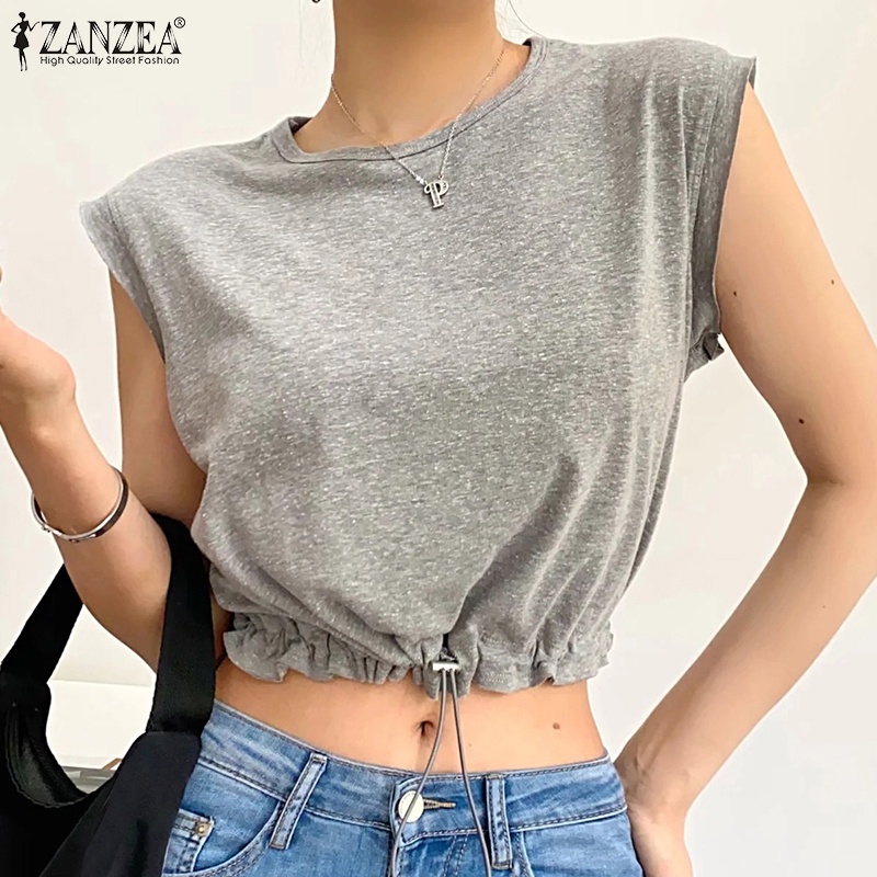 Áo sát nách ZANZEA cổ tròn dây rút phong cách Hàn Quốc dành cho nữ