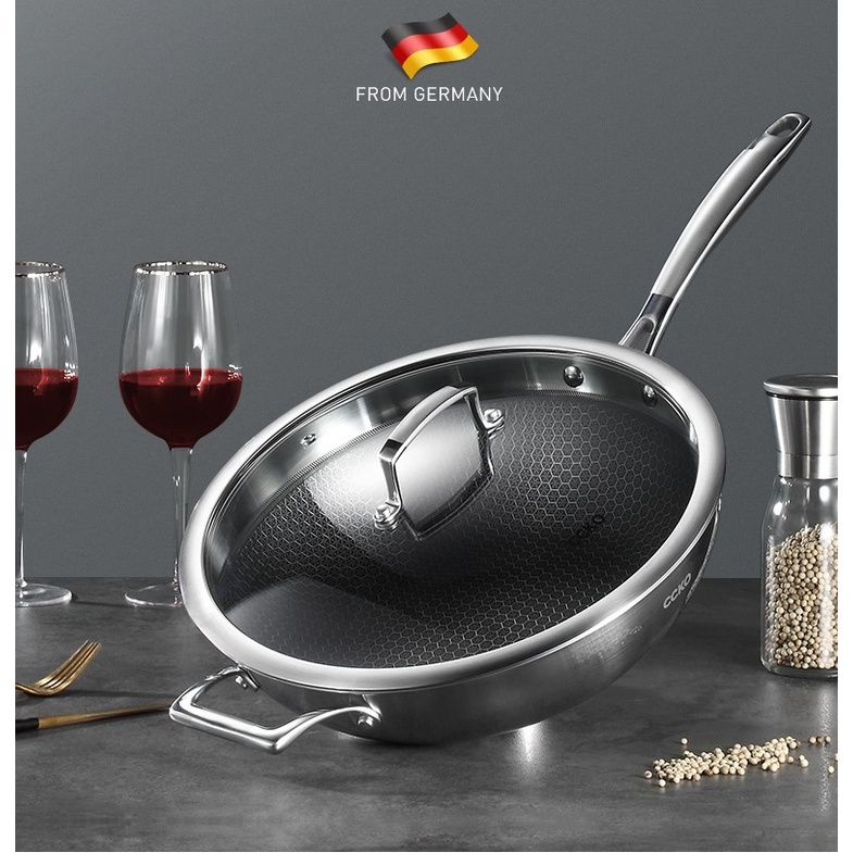 Chảo xào sâu lòng đáy 3 lớp inox, vung kính cường lực cao cấp CCKO