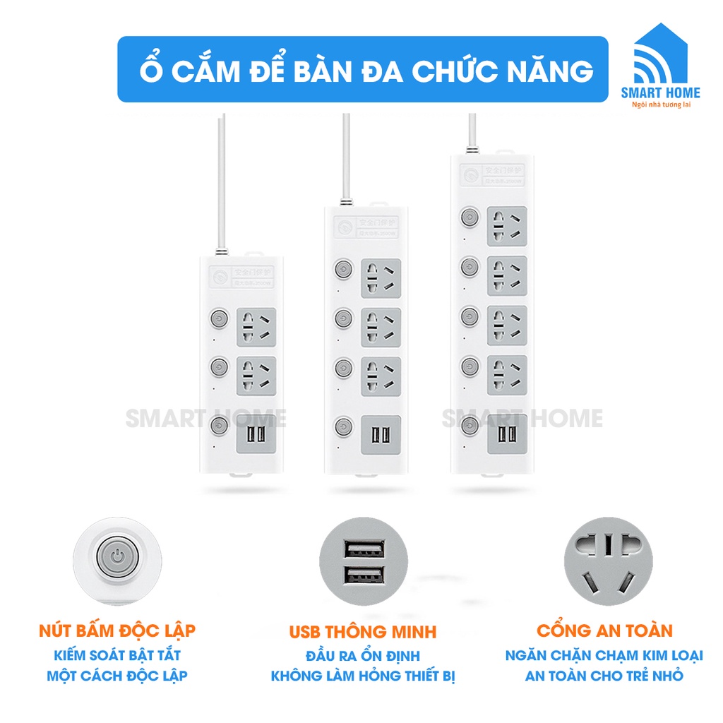 Ổ Cắm Điện Đa Năng Thông Minh, Ổ Điện An Toàn, Chống Giật, Cổng USB 5V, Chịu Tải 2500W, Dây Lên Đến 4.5m