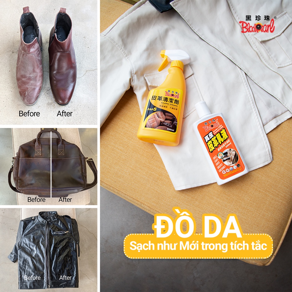 Combo vệ sinh, làm sạch và chăm sóc đồ da/giày da/áo da/ túi da/ ví da/ quần da/ ghế da/ nội thất xe ô tô Black Pearl