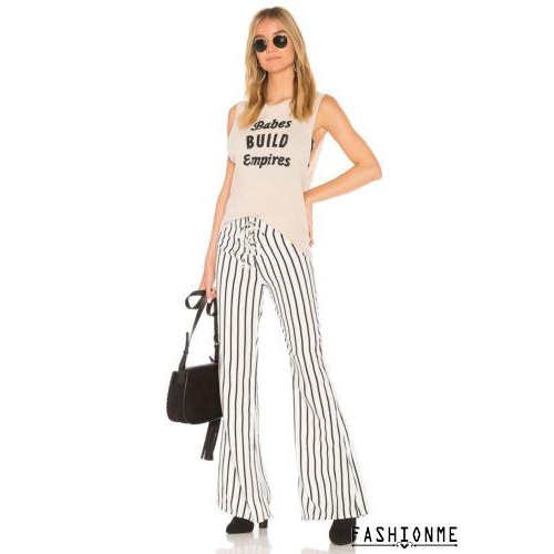 ღ𝓂ℰWomen Palazzo Pants Stripe High Waist Casual Wear Wide Leg Holiday Loose Trouser | BigBuy360 - bigbuy360.vn
