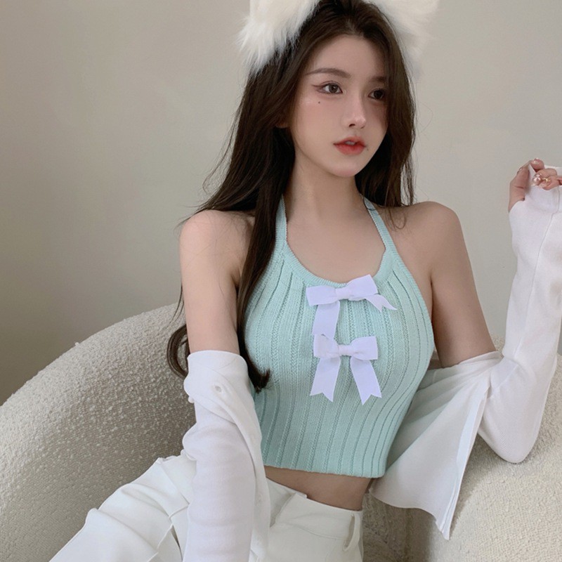 Áo Hai Dây Dệt Kim Màu Trơn Thiết Kế Quyến Rũ Cho Nữ