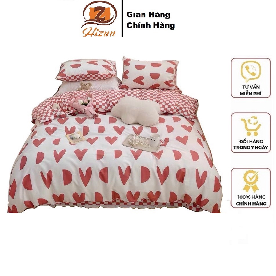 [Mã BMTTC60 giảm đến 60K đơn 50K] Bộ Chăn Ga Gối Cotton Poly Hizun Mẫu Tim Khuyết Hồng