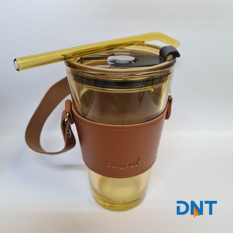 Cốc SÁNG TẠO. Cốc thủy tinh đựng đồ uống, dung tích 450ml. Có túi da xách bằng tay hoặc treo xe tiện lợi