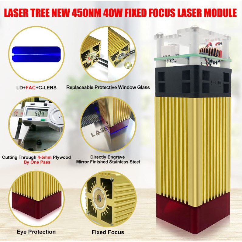 Đầu khắc laser Diode 40W, 450nm , khắc được inox, cắt gỗ MDF 5mm