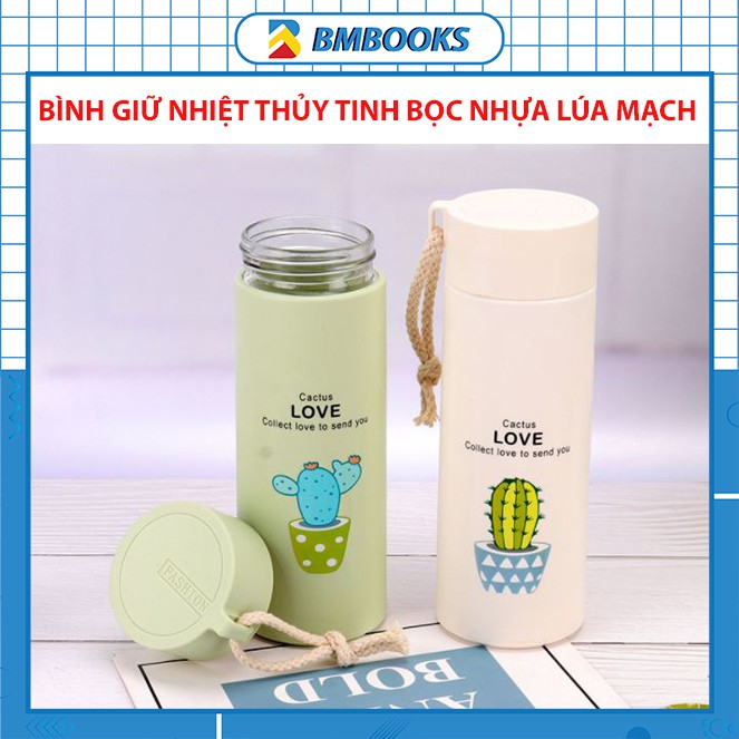 Bình giữ nhiệt mini cute chất liệu thủy tinh bọc nhựa cách nhiệt lúa mạch mẫu Xương rồng BMBooks