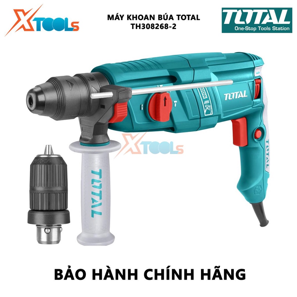 Máy khoan búa cầm tay 3 chức năng 800w TOTAL TH308268-2 đầu gài sds plus, tốc độ 1100rpm, tốc độ búa 4000bpm, lực đập 2