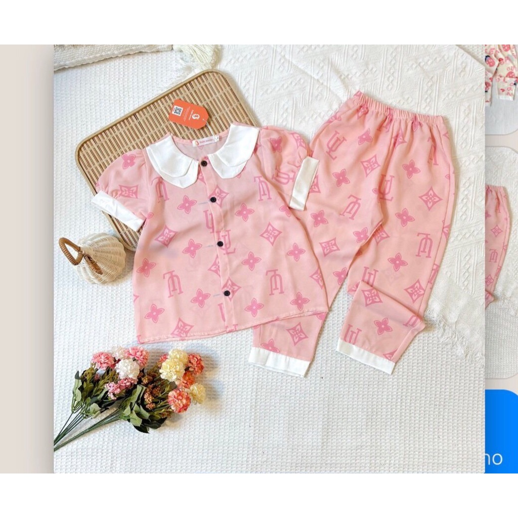 Bộ  Pijama Vải Mango Cộc Quần  Dài  Tay Bồng Tiểu Thư Cho Bé Gái