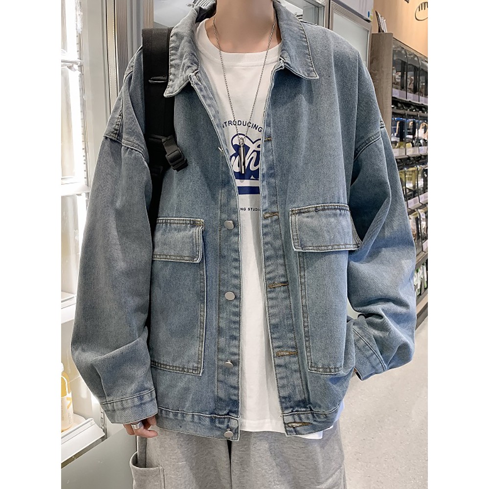 Áo khoác jean unisex, áo bò thời trang nam nữ form rộng túi trước, phong cách Unisex