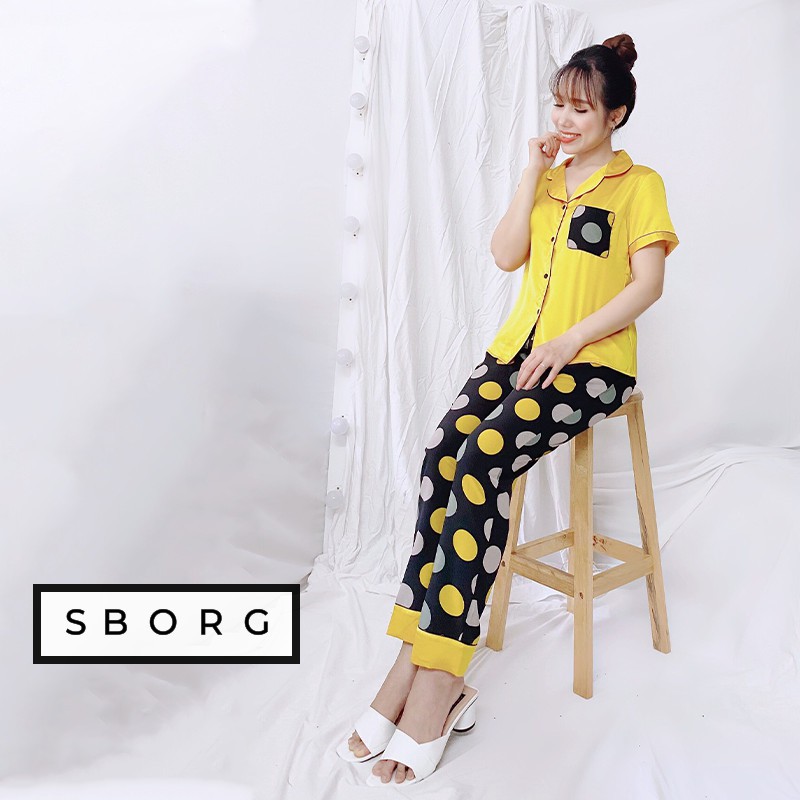 Đồ bộ mặc nhà SBORG bộ pijama lụa satin họa tiết tay ngắn quần dài dễ thương có túi 45kg - 65kg quà tặng vợ