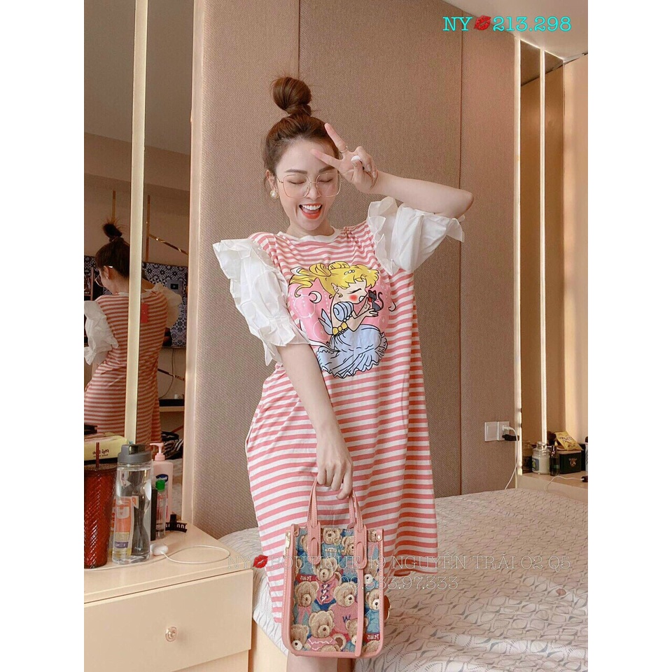(FreeShip 2022) Đầm tiểu thư from suông,đầm sọc in hình dễ thương,chất thun gân mềm mịn diện đi đâu cũng xinh