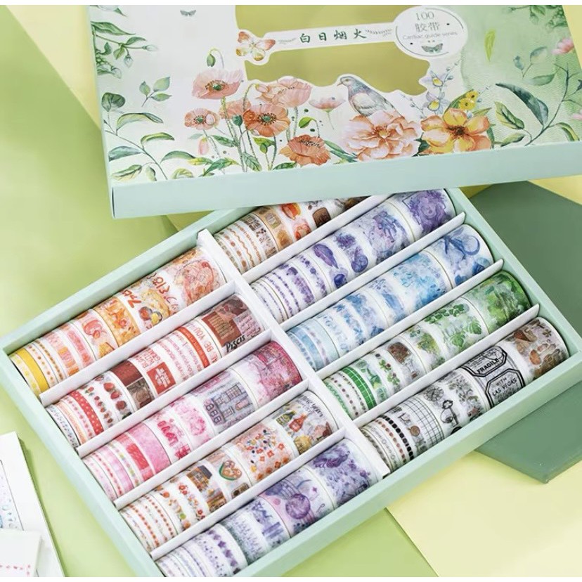 Set 100 cuộn washi tape dễ thương dùng trang trí sổ, trang trí bullet journal