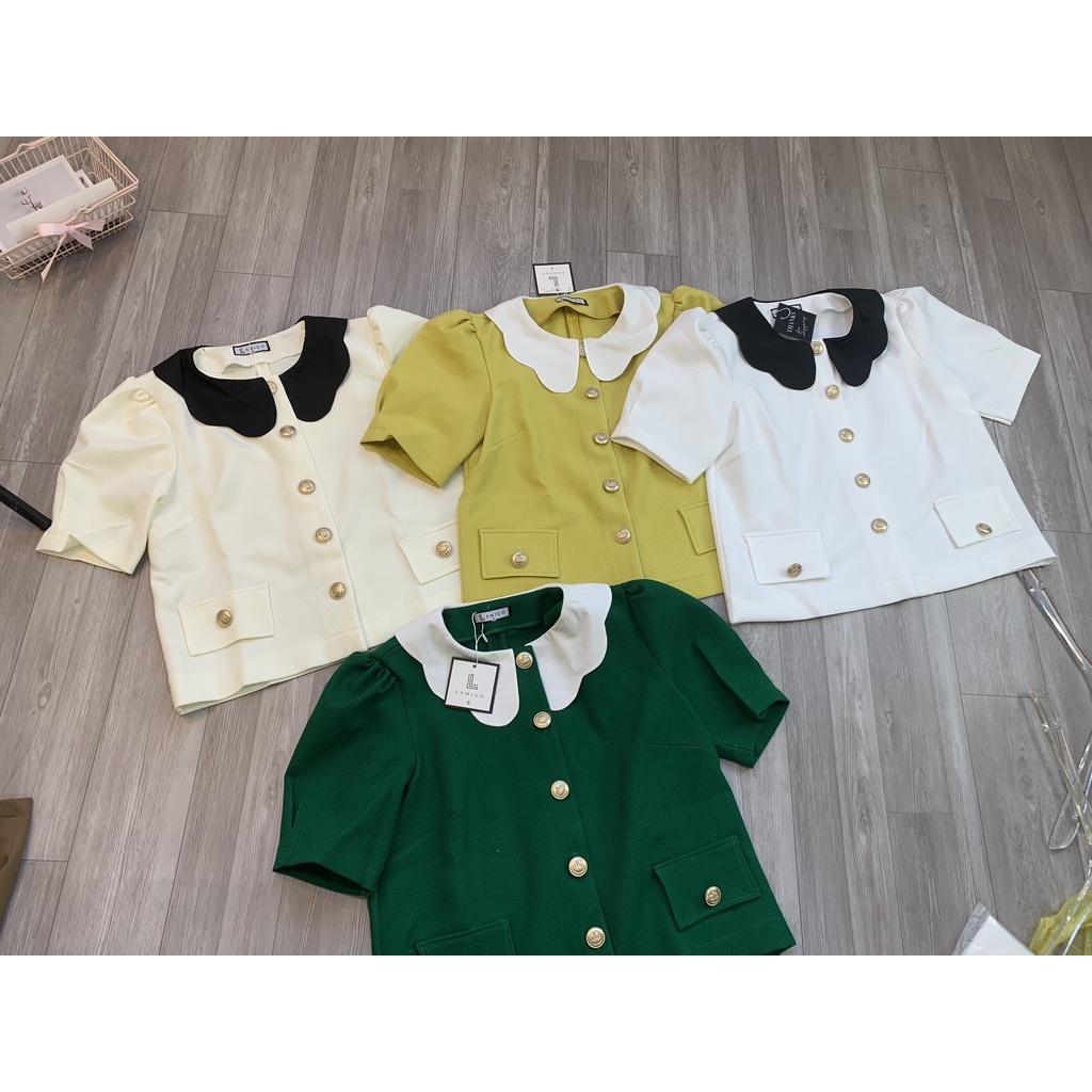 Áo dạ tweed lửng mỏng tay bồng phối cổ lượn sóng 168