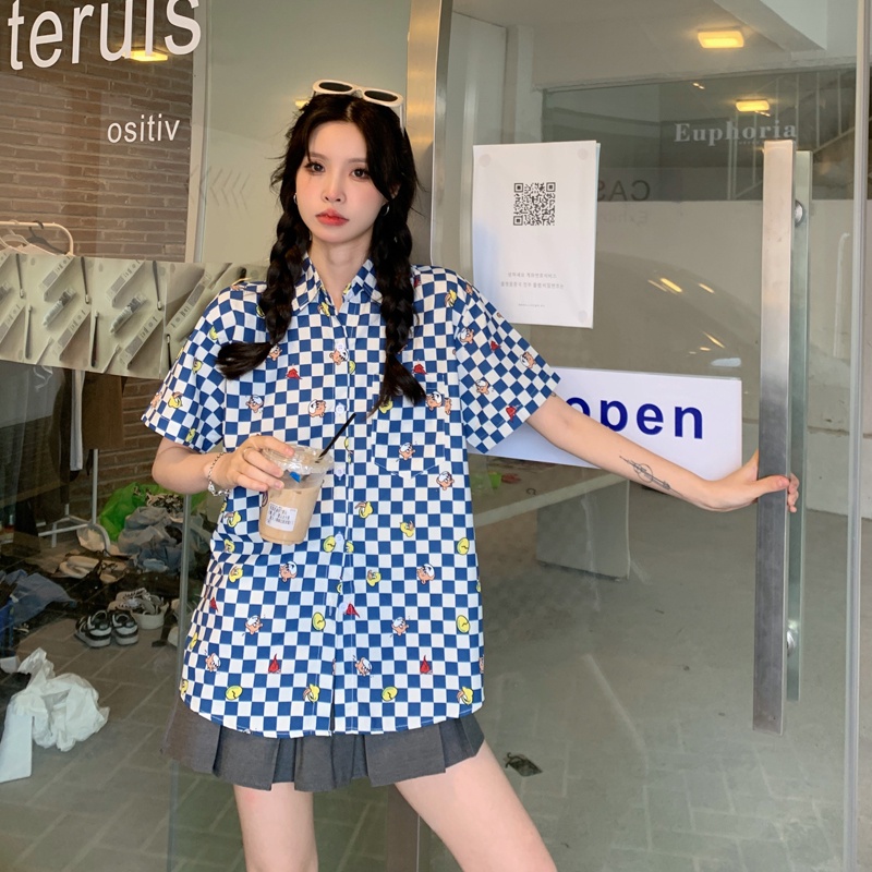 【ZHELIHANGFEI】Áo Sơ Mi Tay Ngắn Form Rộng Họa Tiết Sọc Theo Phong Cách Preppy Dễ Phối Đồ