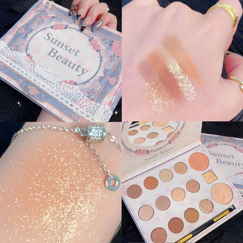 Sweet mint Bảng phấn mắt má hồng bắt sáng Sunset BEAUTY 15 màu mềm lung linh