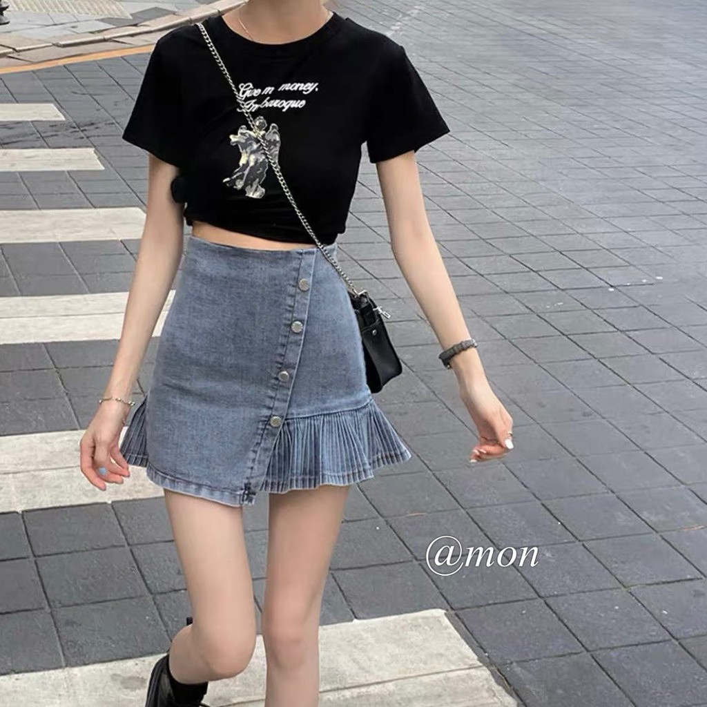 2101443 Chân váy jeans nữ ulzzang có giãn chất jeans mềm body tôn dáng thời trang basic | BigBuy360 - bigbuy360.vn