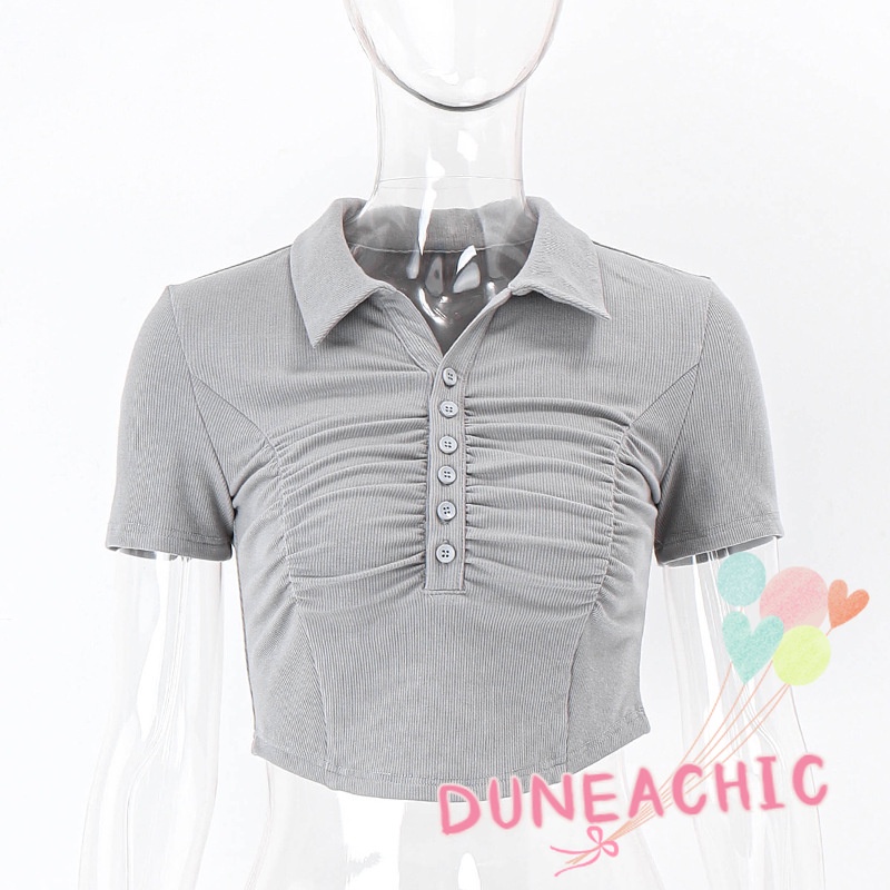DUNEA Áo Sơ Mi Croptop Tay Ngắn Xếp Ly Thời Trang Cho Nữ