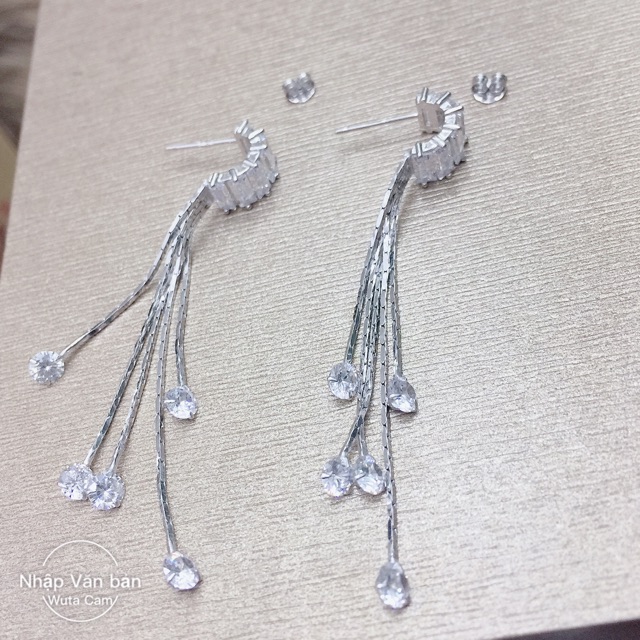 Khuyên tai tua rua thả 5 sợi mỳ đính đá nhân tạo bạc thật mạ vàng trắng (xi kim) dự tiệc quả cầu nơ rô
