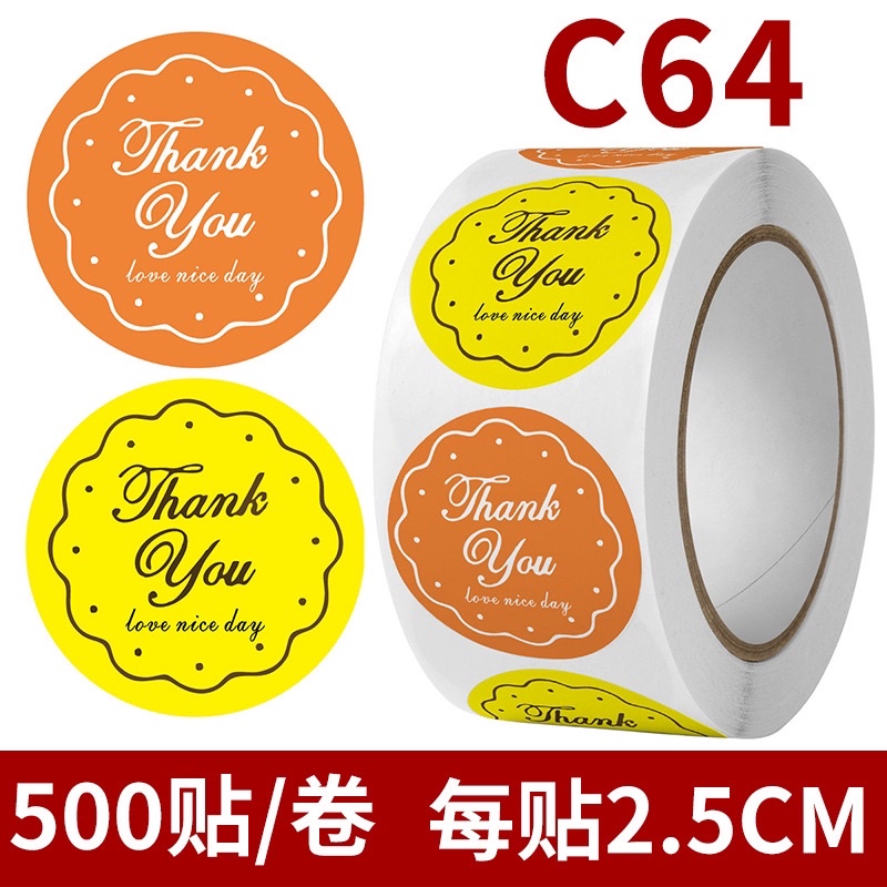 Cuộn 500 tem/nhãn dán sticker thank you 2,5cm trang trí gói hàng hoạ tiết dễ thương