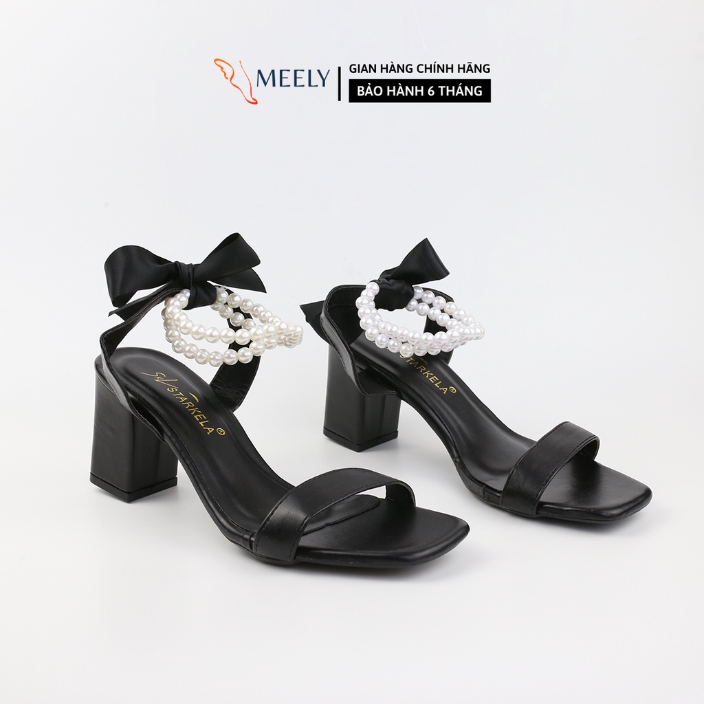 Giày Cao Gót Sandal  MEELY gót vuông lì quai ngọc thắt nơ lụa 6p - SD3125